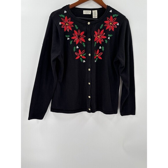 Classic Elements Holiday Poinsettia Cardigan Black Sequin Sweater Petite LARGE - Picture 7 of 14